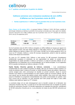 Cellnovo annonce une croissance soutenue de son chiffre d`affaires