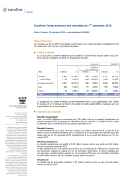Eurofins-Cerep annonce ses r&eacute;sultats du 1 semestre 2016