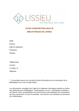 FICHE D`INSCRIPTION ADULTE BIBLIOTHÈQUE DE LISSIEU