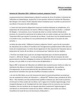 Diffusion imm&eacute;diate Le 17 octobre 2016 Semaine de l`&eacute;ducation
