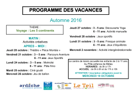Automne 2016 PROGRAMME DES VACANCES