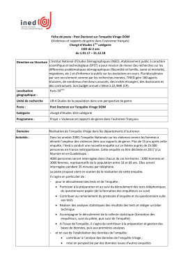 Fiche de poste : Post Doctorat sur l`enqu&ecirc;te Virage DOM