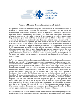Finances publiques et d&eacute;mocratie dans un monde globalis&eacute;