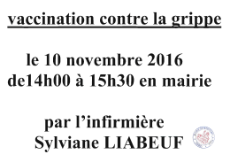 Vaccination contre la grippe le 10/11/2016 de 14h à 15h30 en mairie