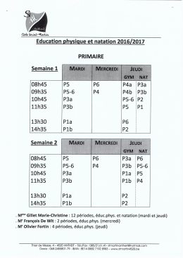 Horaire éducation physique et natation pour l`année