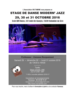 STAGE DE DANSE MODERN` JAZZ 29, 30 et 31 OCTOBRE 2016
