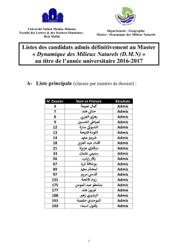 Listes des candidats admis d&eacute;finitivement au Master &laquo; Dynamique