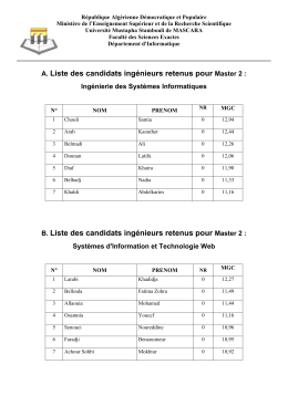 A. Liste des candidats ing&eacute;nieurs retenus pour Master 2 : B. Liste