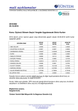 2016-062 Üçüncü Dönem Geçici Vergide Uygulanacak Döviz Kurları.