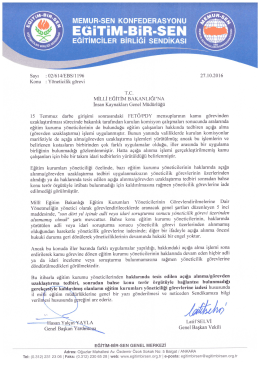 Bakanlığa gönderdiğimiz yazı için tıklayınız