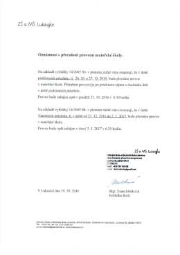 Přerušení provozu MŠ - Základní škola a Mateřská škola Lukavice