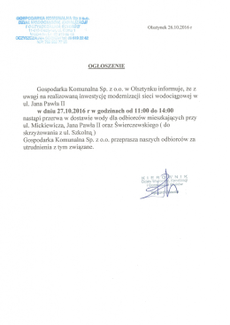 Informacja dla mieszkańców ul. Mickiewicza, J. Pawła II