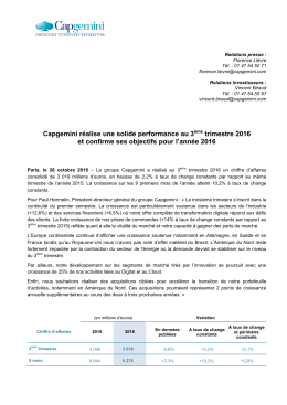 Capgemini r&eacute;alise une solide performance au 3 trimestre 2016 et