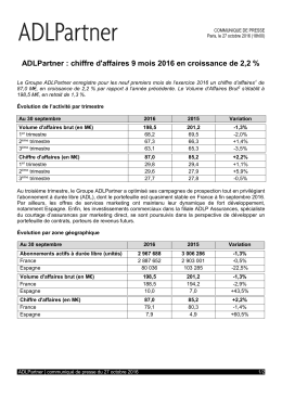 ADLPartner : chiffre d`affaires 9 mois 2016 en