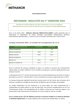 METHANOR : RESULTATS DU 1er SEMESTRE 2016