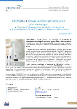 CROSSJECT d&eacute;pose un brevet de formulation pharmaceutique