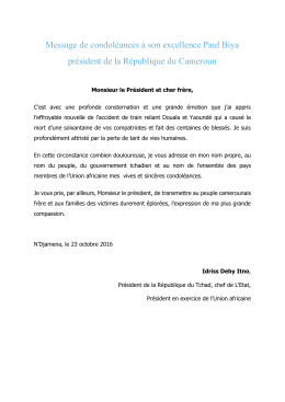 Message de condoléances à son excellence Paul Biya président de