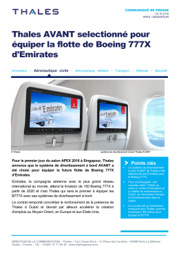 Thales AVANT selectionné pour équiper la flotte de Boeing 777X d