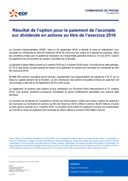 R&eacute;sultat de l`option pour le paiement de l`acompte sur dividende en