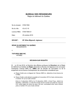 D&eacute;cision du 25 octobre 2016 concernant Toitures SMG inc.