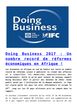 Doing Business 2017 : Un nombre record de