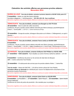 Calendrier des activit&eacute;s offertes aux personnes proches aidantes