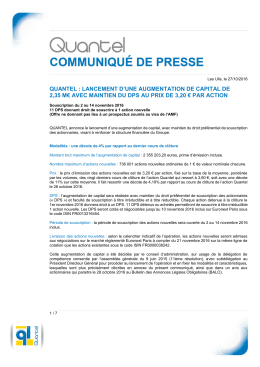 quantel : lancement d`une augmentation de capital de 2,35 m&euro; avec