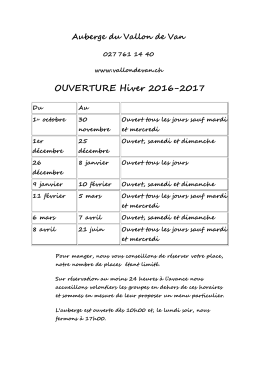 horaires à charger - Auberge du Vallon de Van