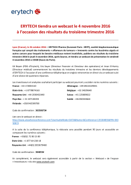 ERYTECH tiendra un webcast le 4 novembre 2016