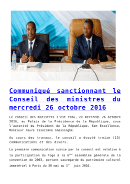 Communiqué sanctionnant le Conseil des ministres du mercredi 26