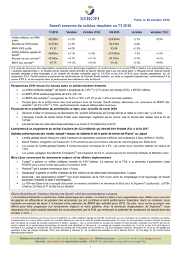 Sanofi annonce de solides résultats au T3 2016