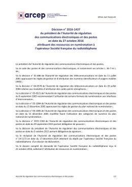 D&eacute;cision n&deg; 2016-1437 du pr&eacute;sident de l`Arcep en date du 27
