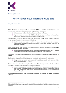 activit&eacute; des neuf premiers mois 2016