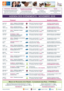 Agenda des Evènements Novembre 2016