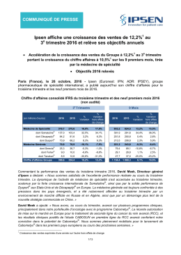 Ipsen affiche une croissance des ventes de 12,2% au 3 trimestre