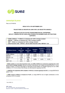 Paris, le 27/10/2016 RESULTATS A FIN SEPTEMBRE