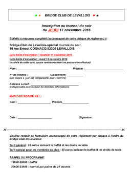 Inscription au tournoi du soir du JEUDI 17 novembre 2016