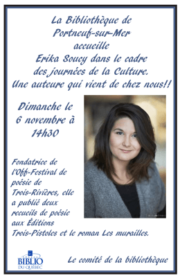 6 novembre : Visite de l`auteure &Eacute;rika Soucy &agrave; la biblioth&egrave;que