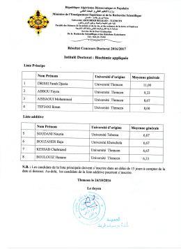 Résultat Concours Doctorat 2016/2017 Intitulé Doctorat : Biochimie