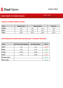 Hisse Bir &Ouml;nceki G&uuml;n Kapanışı Son G&uuml;n Kapanışı Getiri