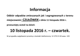 Informacja 10 listopada 2016 r. – czwartek.