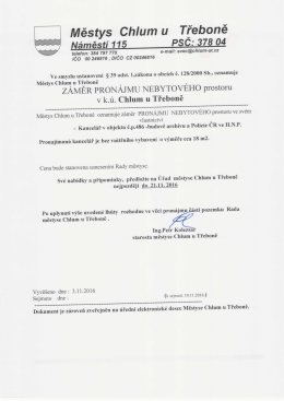 Záměr pronájmu nebytového prostoru v k.ú. Chlum u Třeboně