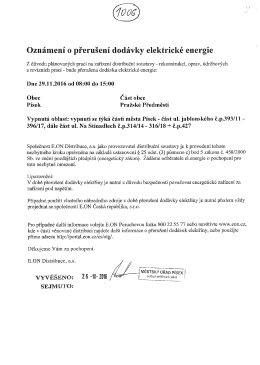 E.ON - Oznámení o přerušení dodávky elektrické energie dne 15.11