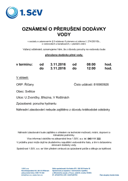 oznámení o přerušení dodávky vody
