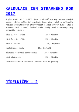 kalkulace cen stravného rok 2017,jídelníček - 2,jídelníček