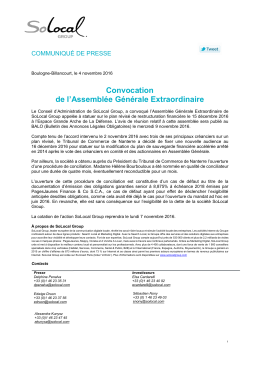 Convocation de l`Assembl&eacute;e G&eacute;n&eacute;rale Extraordinaire