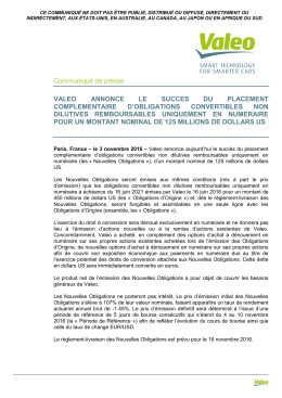Communiqu&eacute; de presse VALEO ANNONCE LE SUCCES DU