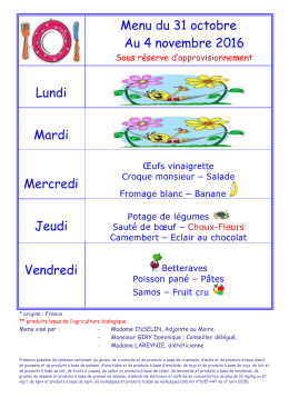 Menu du 31 octobre Au 4 novembre 2016 Lundi Mardi Mercredi