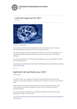 Agr&eacute;ment de lubrifiants pour 2017