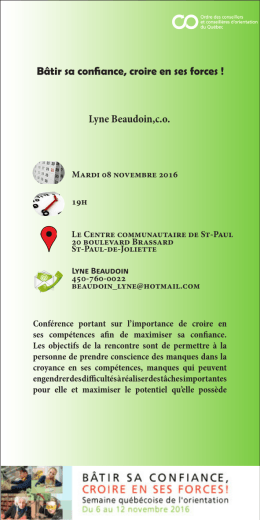 B&acirc;tir sa confiance, croire en ses forces ! Lyne Beaudoin,c.o.